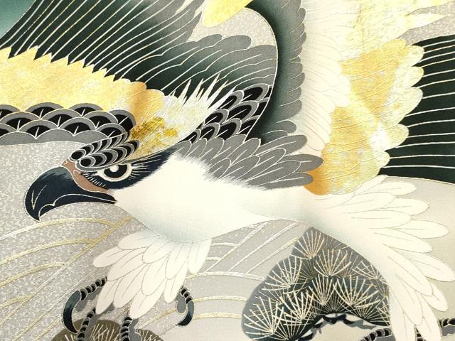 平和屋着物[]お宮参り　男の子　祝着　産着　初着　のしめ　鷹　鷲　鳳凰宝船笹松文　暈し染め　金銀彩　逸品　DABA3755ma