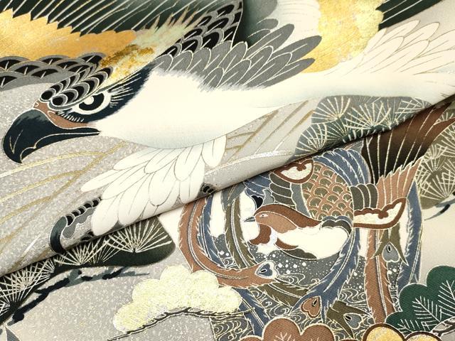 平和屋着物[]お宮参り　男の子　祝着　産着　初着　のしめ　鷹　鷲　鳳凰宝船笹松文　暈し染め　金銀彩　逸品　DABA3755ma
