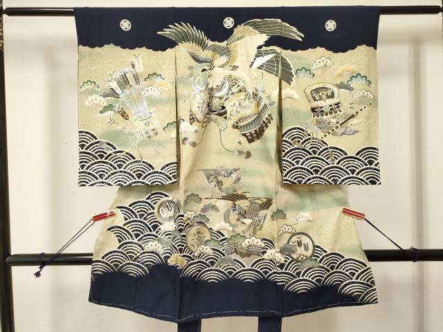 平和屋着物[]お宮参り　男の子　祝着　産着　初着　のしめ　鷹　鷲　宝船鳳凰松文　暈し染め　金銀彩　逸品　DABA3756ma