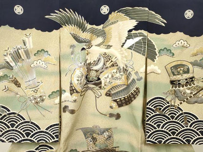 平和屋着物[]お宮参り　男の子　祝着　産着　初着　のしめ　鷹　鷲　宝船鳳凰松文　暈し染め　金銀彩　逸品　DABA3756ma