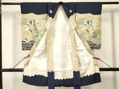 平和屋着物[]お宮参り　男の子　祝着　産着　初着　のしめ　鷹　鷲　宝船鳳凰松文　暈し染め　金銀彩　逸品　DABA3756ma