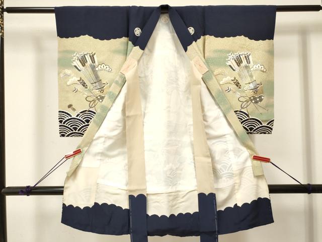平和屋着物[]お宮参り　男の子　祝着　産着　初着　のしめ　鷹　鷲　宝船鳳凰松文　暈し染め　金銀彩　逸品　DABA3756ma