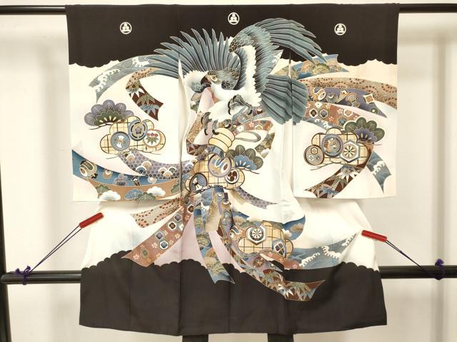 平和屋着物[]お宮参り　男の子　祝着　産着　初着　のしめ　鷹　鷲　束ね熨斗松取り吉祥文　暈し染め　金彩　逸品　DABA3757ma