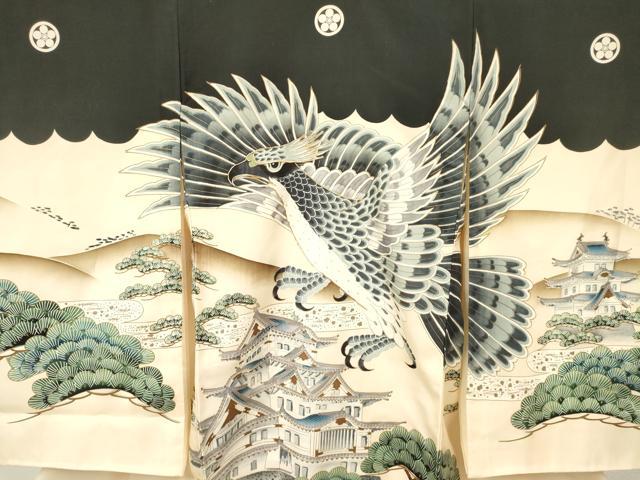 平和屋着物[]お宮参り　男の子　祝着　産着　初着　のしめ　駒刺繍　鷹　鷲　風景松文　金彩　逸品　DABA3759ma