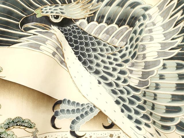 平和屋着物[]お宮参り　男の子　祝着　産着　初着　のしめ　駒刺繍　鷹　鷲　風景松文　金彩　逸品　DABA3759ma