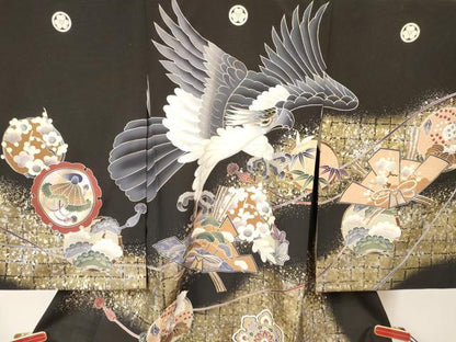 平和屋着物[]お宮参り　男の子　祝着　産着　初着　のしめ　鷹　鷲　梅松文　暈し染め　金銀彩　逸品　DABA3761ma