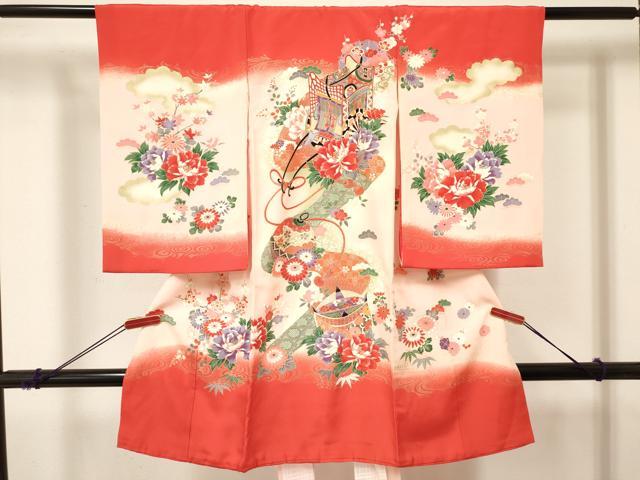 平和屋着物[]お宮参り　女の子　祝着　産着　初着　のしめ　糸車　御所車花文　暈し染め　金彩　逸品　DABA3764ma