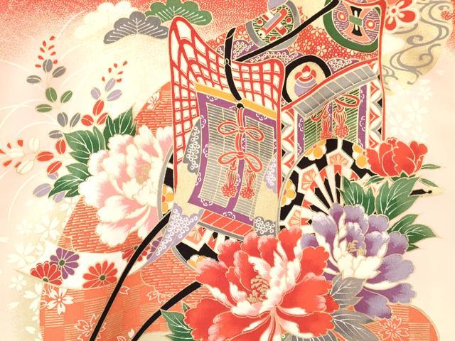 平和屋着物[]お宮参り　女の子　祝着　産着　初着　のしめ　糸車　御所車花文　暈し染め　金彩　逸品　DABA3764ma