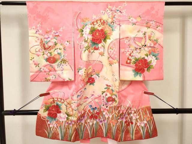 平和屋着物[]お宮参り　女の子　祝着　産着　初着　のしめ　檜扇雪輪花蝶文　暈し染め　金彩　逸品　DABA3766ma