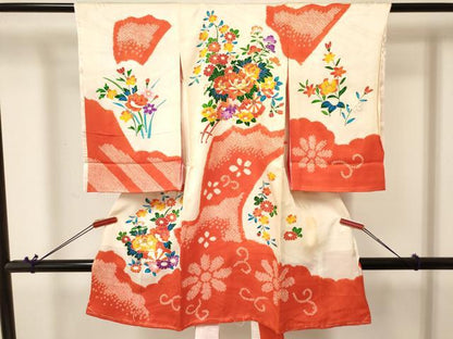 平和屋着物[]お宮参り　女の子　祝着　産着　初着　のしめ　駒刺繍　絞り　花車文　金彩　逸品　DABA3767ma
