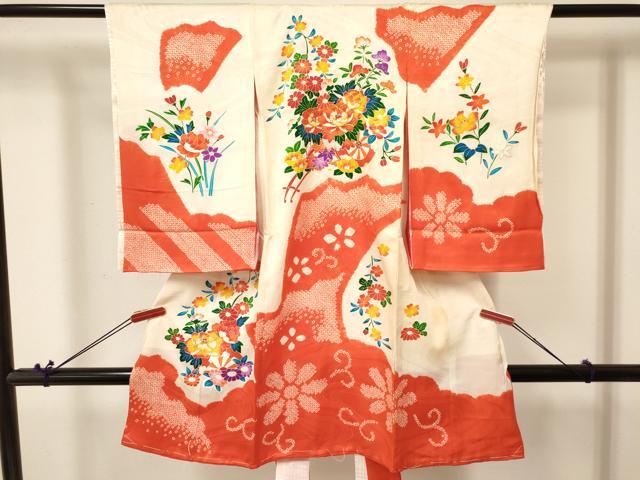 平和屋着物[]お宮参り　女の子　祝着　産着　初着　のしめ　駒刺繍　絞り　花車文　金彩　逸品　DABA3767ma