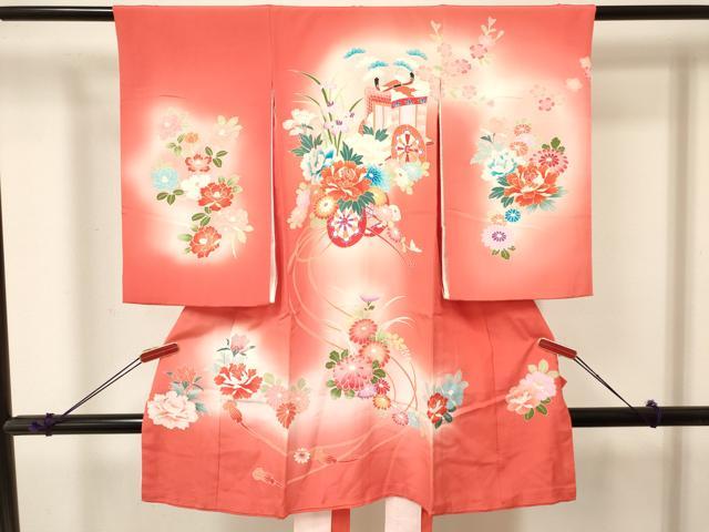 平和屋着物[]お宮参り　女の子　祝着　産着　初着　のしめ　花車文　暈し染め　金彩　逸品　DABA3768ma