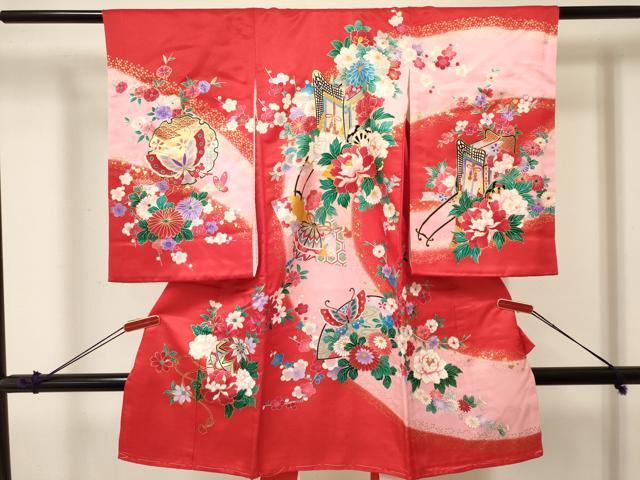 平和屋着物[]お宮参り　女の子　祝着　産着　初着　のしめ　御所車花蝶文　暈し染め　金銀彩　逸品　DABA3769ma