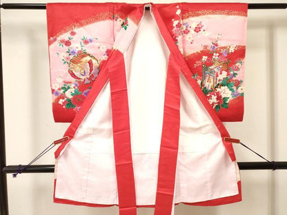 平和屋着物[]お宮参り　女の子　祝着　産着　初着　のしめ　御所車花蝶文　暈し染め　金銀彩　逸品　DABA3769ma