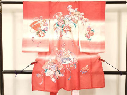 平和屋着物＊夏物 お宮参り 女の子 祝着 産着 初着 のしめ 絽 檜扇御所車風景花文 暈し染め 逸品 DABA3775ma