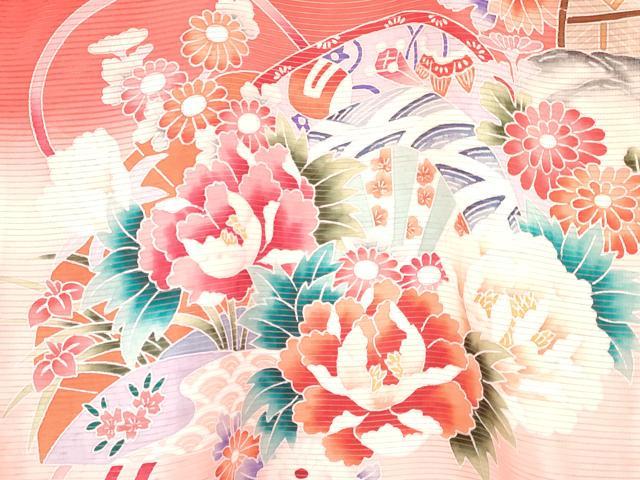 平和屋着物＊夏物 お宮参り 女の子 祝着 産着 初着 のしめ 絽 檜扇御所車風景花文 暈し染め 逸品 DABA3775ma