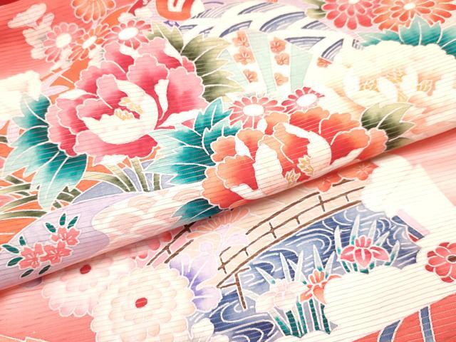 平和屋着物＊夏物 お宮参り 女の子 祝着 産着 初着 のしめ 絽 檜扇御所車風景花文 暈し染め 逸品 DABA3775ma