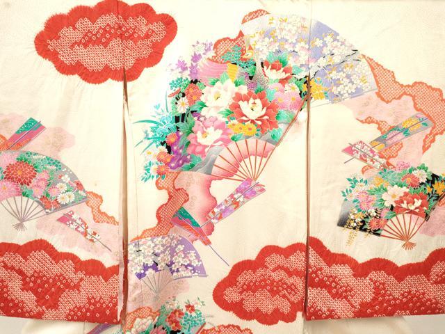 平和屋着物[]お宮参り　女の子　祝着　産着　初着　のしめ　絞り　孔雀扇面花文　金銀彩　逸品　DABA3776ma