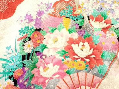 平和屋着物[]お宮参り　女の子　祝着　産着　初着　のしめ　絞り　孔雀扇面花文　金銀彩　逸品　DABA3776ma