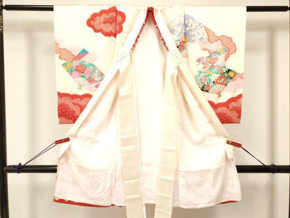 平和屋着物[]お宮参り　女の子　祝着　産着　初着　のしめ　絞り　孔雀扇面花文　金銀彩　逸品　DABA3776ma