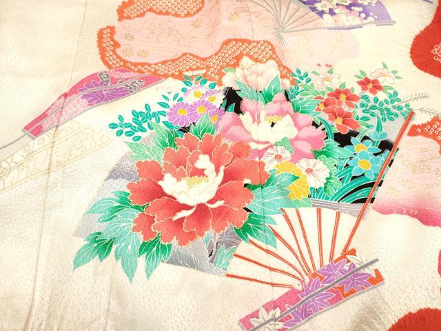 平和屋着物[]お宮参り　女の子　祝着　産着　初着　のしめ　絞り　孔雀扇面花文　金銀彩　逸品　DABA3776ma