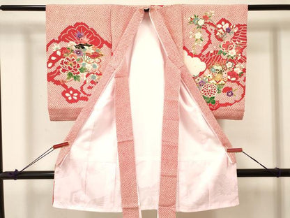 平和屋着物[]お宮参り　女の子　祝着　産着　初着　のしめ　鴛鴦　御所車花蝶文　金彩　逸品　DABA3777ma