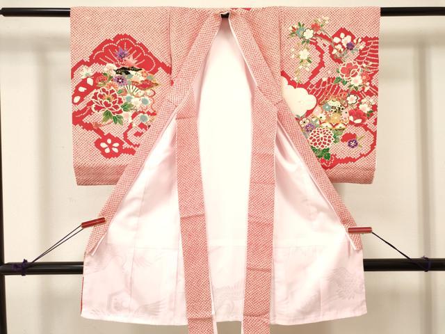 平和屋着物[]お宮参り　女の子　祝着　産着　初着　のしめ　鴛鴦　御所車花蝶文　金彩　逸品　DABA3777ma