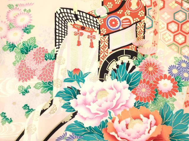 平和屋着物[]お宮参り　女の子　祝着　産着　初着　のしめ　几帳御所車牡丹花文　暈し染め　金銀彩　逸品　DABA3778ma