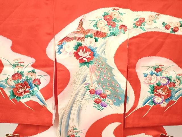 平和屋着物[]お宮参り 女の子 祝着 産着 初着 のしめ 刺繍 孔雀立波花文 暈し染め 金彩 逸品 DABA3783ma