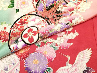 平和屋着物[]お宮参り　女の子　祝着　産着　初着　のしめ　鼓飛鶴花文　暈し染め　金銀彩　逸品　DABA3785ma