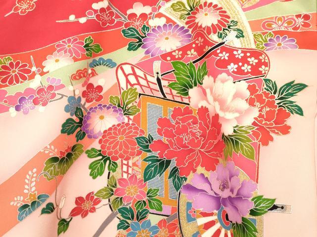 平和屋着物[]お宮参り　女の子　祝着　産着　初着　のしめ　束ね熨斗御所車鞠花文　暈し染め　金銀彩　逸品　DABA3787ma