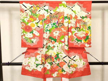 平和屋着物[]お宮参り　女の子　祝着　産着　初着　のしめ　駒刺繍　御所車花文　金彩　逸品　DABA3788ma