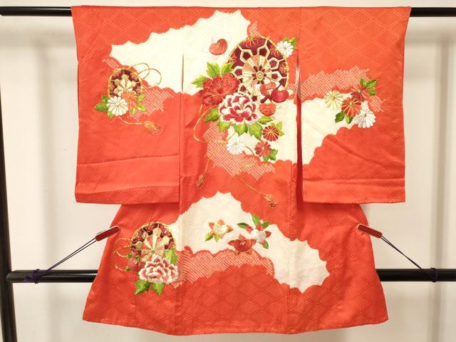 平和屋着物[]お宮参り　女の子　祝着　産着　初着　のしめ　駒刺繍　絞り　源氏車花文　金糸　逸品　DABA3789ma