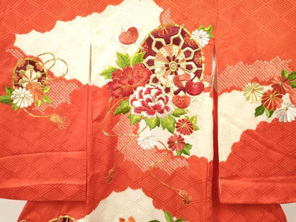 平和屋着物[]お宮参り　女の子　祝着　産着　初着　のしめ　駒刺繍　絞り　源氏車花文　金糸　逸品　DABA3789ma