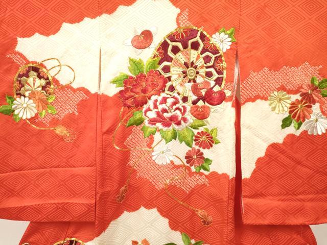 平和屋着物[]お宮参り　女の子　祝着　産着　初着　のしめ　駒刺繍　絞り　源氏車花文　金糸　逸品　DABA3789ma