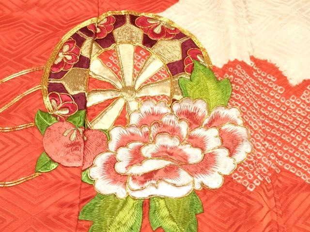 平和屋着物[]お宮参り　女の子　祝着　産着　初着　のしめ　駒刺繍　絞り　源氏車花文　金糸　逸品　DABA3789ma