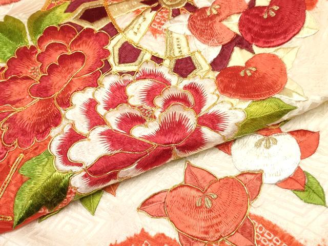平和屋着物[]お宮参り　女の子　祝着　産着　初着　のしめ　駒刺繍　絞り　源氏車花文　金糸　逸品　DABA3789ma