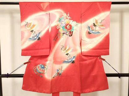 平和屋着物[]お宮参り　女の子　祝着　産着　初着　のしめ　刺繍　飛鶴花文　暈し染め　金銀彩　逸品　DABA3790ma