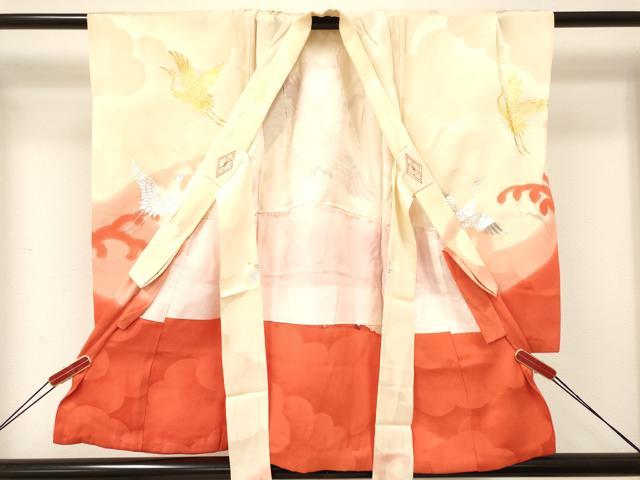 平和屋着物[]お宮参り　女の子　祝着　産着　初着　のしめ　刺繍　立波群れ鶴文　暈し染め　金銀彩　逸品　DABA3795ma
