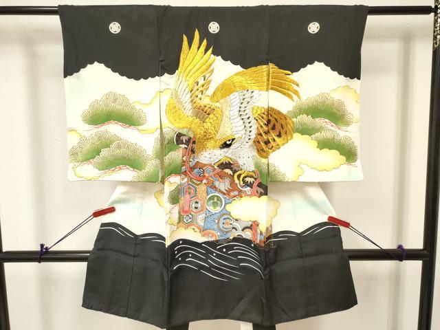 平和屋着物[]お宮参り　男の子　祝着　産着　初着　のしめ　刺繍　鷹　鷲　几帳松文　暈し染め　金彩　逸品　DABA3805ma