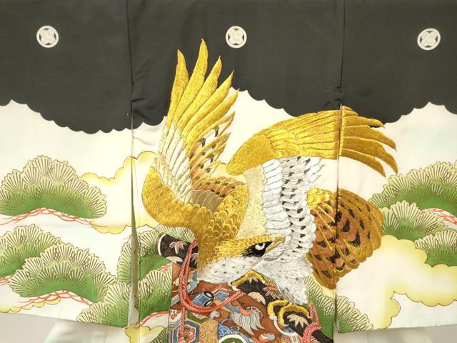 平和屋着物[]お宮参り　男の子　祝着　産着　初着　のしめ　刺繍　鷹　鷲　几帳松文　暈し染め　金彩　逸品　DABA3805ma