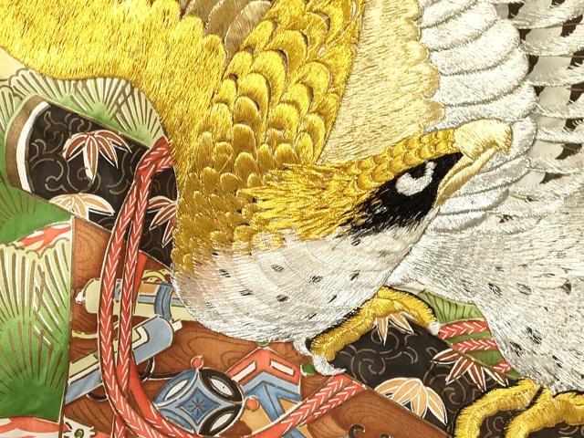 平和屋着物[]お宮参り　男の子　祝着　産着　初着　のしめ　刺繍　鷹　鷲　几帳松文　暈し染め　金彩　逸品　DABA3805ma