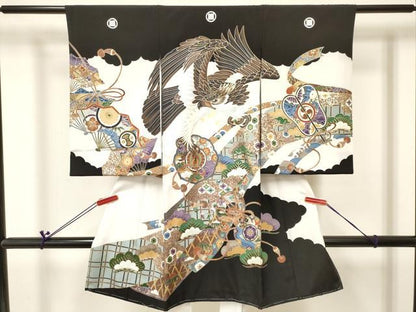 平和屋着物[]お宮参り　男の子　祝着　産着　初着　のしめ　鷹　鷲　鏡裏鼓松文　金彩　逸品　DABA3806ma