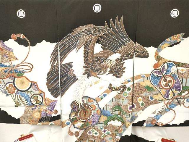 平和屋着物[]お宮参り　男の子　祝着　産着　初着　のしめ　鷹　鷲　鏡裏鼓松文　金彩　逸品　DABA3806ma