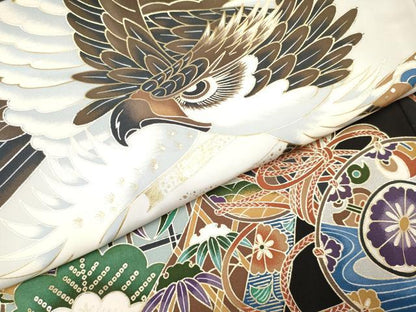平和屋着物[]お宮参り　男の子　祝着　産着　初着　のしめ　鷹　鷲　鏡裏鼓松文　金彩　逸品　DABA3806ma