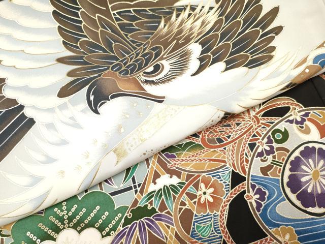 平和屋着物[]お宮参り　男の子　祝着　産着　初着　のしめ　鷹　鷲　鏡裏鼓松文　金彩　逸品　DABA3806ma
