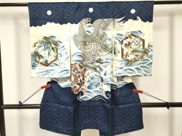 平和屋着物[]お宮参り　男の子　祝着　産着　初着　のしめ　鷹　鷲　立波亀甲宝尽くし文　金彩　逸品　DABA3807ma
