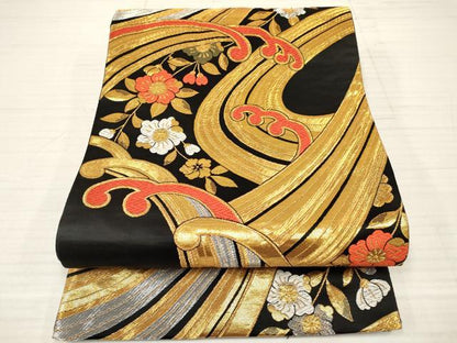 平和屋着物[]七五三　子供　女の子　全通柄袋帯　立波花文　黒地　金銀糸　逸品　DABA3808ma