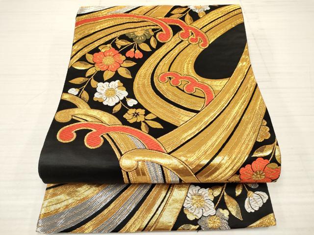 平和屋着物[]七五三　子供　女の子　全通柄袋帯　立波花文　黒地　金銀糸　逸品　DABA3808ma