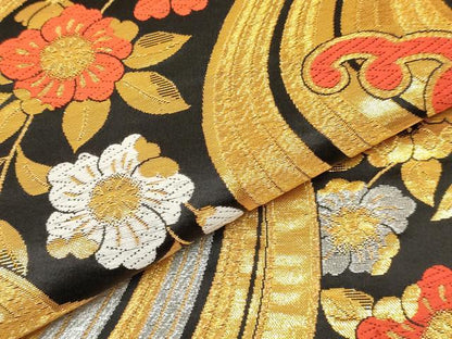 平和屋着物[]七五三　子供　女の子　全通柄袋帯　立波花文　黒地　金銀糸　逸品　DABA3808ma